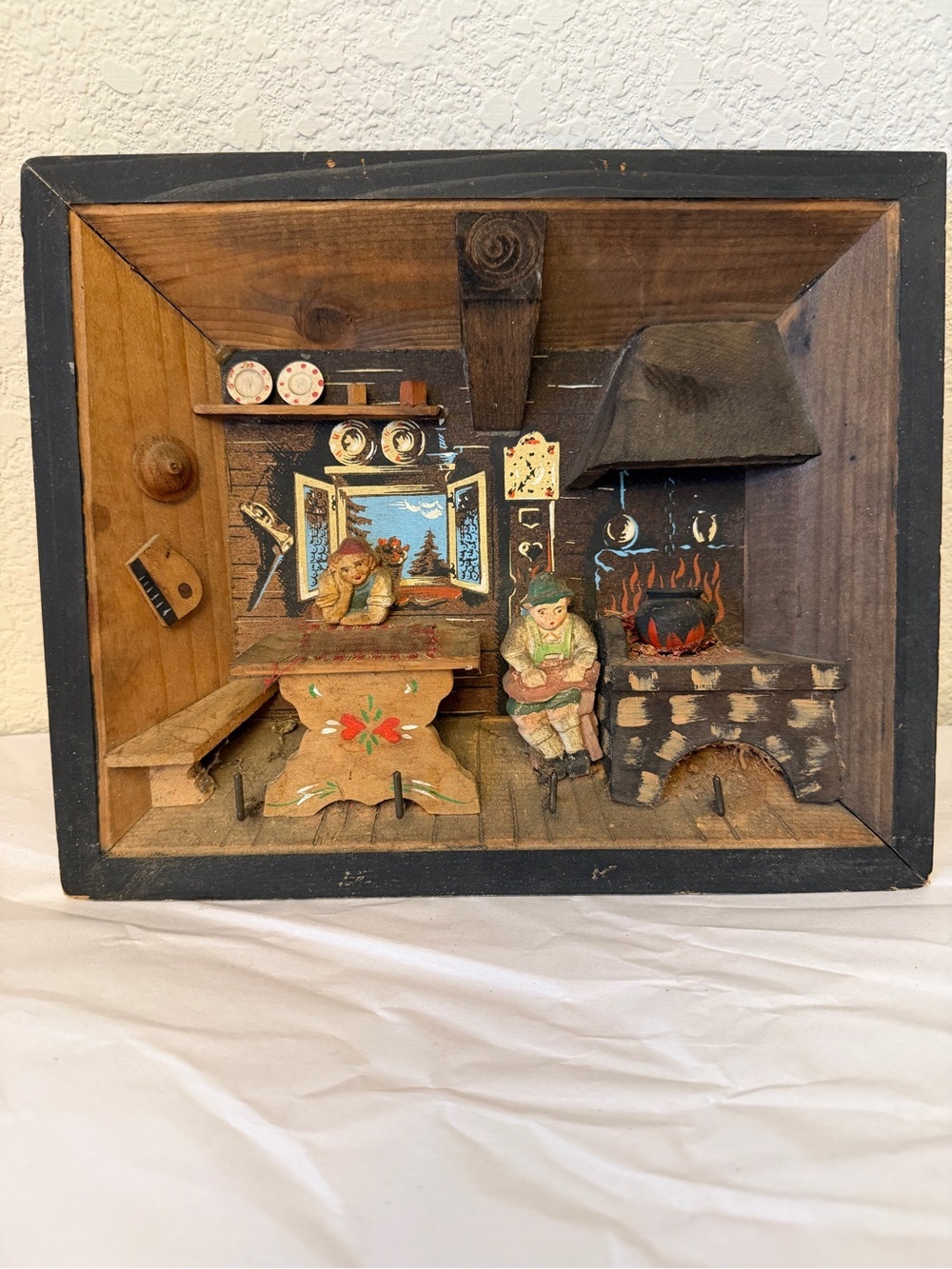 Vintage German Handcrafted Wooden Alpine Diorama Wall Art - Brown-Black